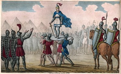 Pharamond Ier (vers 370-427), roi des Francs. Élevé sur un bouclier par son peuple qui l