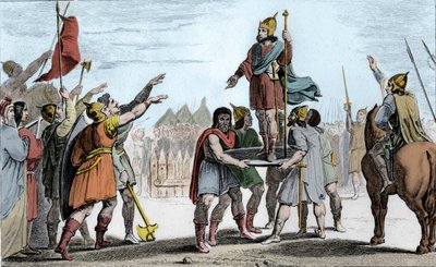 Pharamond Ier (c370-427), roi des Francs. Élevé sur un bouclier par son peuple qui l