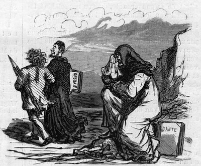Le pauvre Dante commence à pleurer en voyant Gustave Doré bras dessus bras dessous avec ce petit homme Rabelais. Caricature de Cham. Gravure dans « Le Monde Illustré » n°821 du 4 janvier - Amédée de Noé