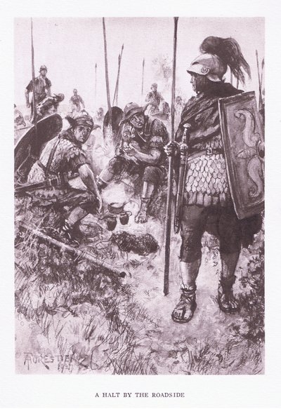 Une halte au bord de la route, illustration de The Roman Soldier, 1928 - Amedee Forestier