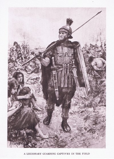 Un légionnaire gardant des captifs dans un champ, illustration de The Roman Soldier, 1928 - Amedee Forestier