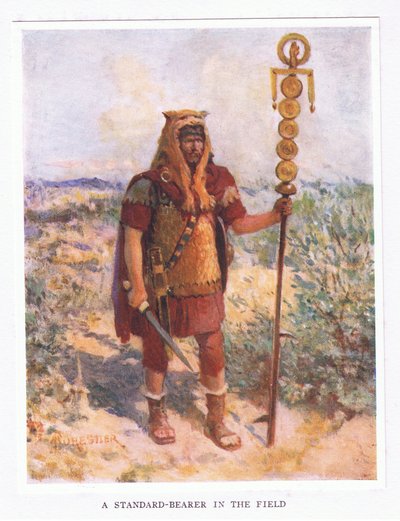 Un porte-étendard dans le champ, illustration de The Roman Soldier, 1928 - Amedee Forestier