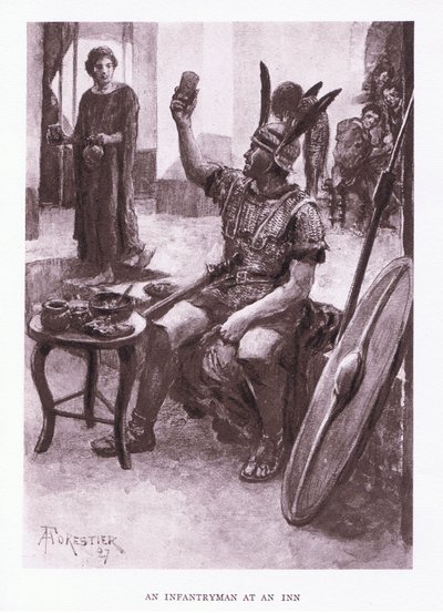 Un fantassin à une auberge, illustration de The Roman Soldier, 1928 - Amedee Forestier