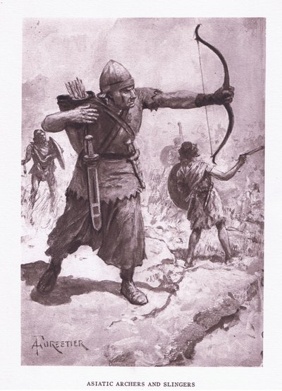Archers et frondeurs asiatiques, illustration de The Roman Soldier, 1928 - Amedee Forestier