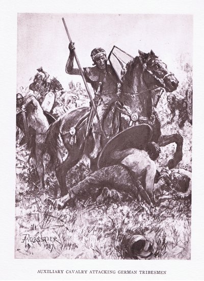Cavalerie auxiliaire attaquant des tribus germaniques, illustration de The Roman Soldier, 1928 - Amedee Forestier