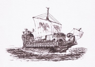 Patrouille de flotte : navires romains, illustration de The Roman Soldier, 1928 - Amedee Forestier