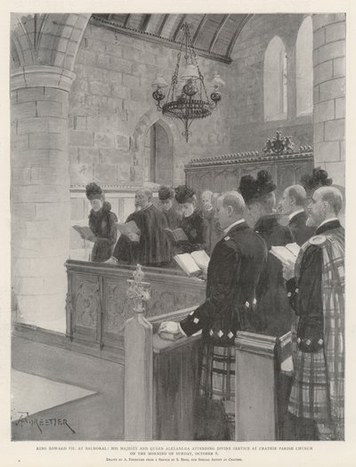Le roi Édouard VII à Balmoral, Sa Majesté et la reine Alexandra assistant au service divin à l