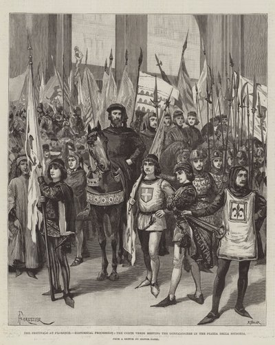 Les Fêtes à Florence, Procession Historique, le Conte Verde rencontrant le Gonfalonier sur la Piazza della Signoria - Amedee Forestier