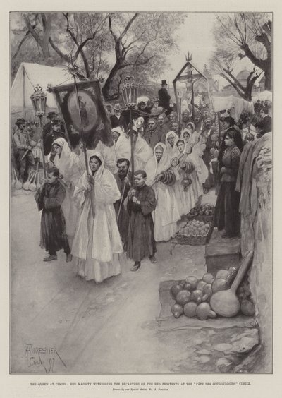 La reine à Cimiez, Sa Majesté assistant au départ des Pénitents rouges à la Fête des Cougourdons, Cimiez - Amedee Forestier