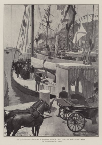 La reine à Cimiez, visite de Sa Majesté au yacht Britannia du prince de Galles dans le port de Nice - Amedee Forestier