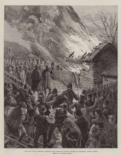 La guerre des loyers en Irlande, incendie des maisons des locataires expulsés à Glenbeigh, comté de Kerry - Amedee Forestier