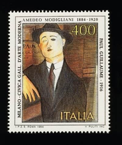 Timbre-poste de la série des arts italiens honorant Amedeo Modigliani (1884-1920), représentant le Portrait de Paul Guillaume (1916), timbre de 400 lires - Amadeo (after) Modigliani