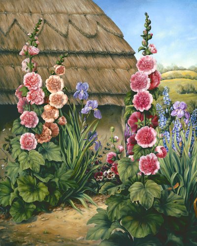 Jardin de cottage avec roses trémières, 1995 - Amelia Kleiser