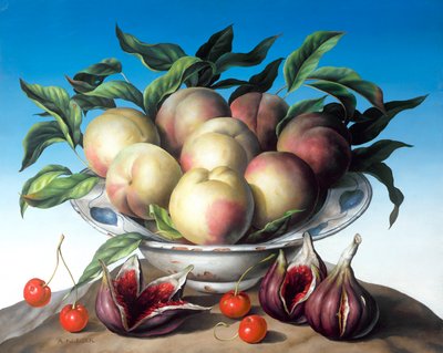 Pêches dans un bol de Delft avec figues violettes - Amelia Kleiser