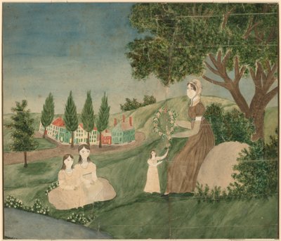 Mère et trois enfants faisant une couronne de fleurs - American 19th Century