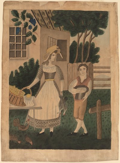 Femme et garçon avec provisions - American 19th Century