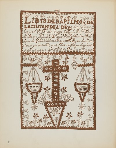 Planche 2 : Livre des baptêmes de Jemez : Du portfolio "Dessins coloniaux espagnols du Nouveau-Mexique" - American 20th Century