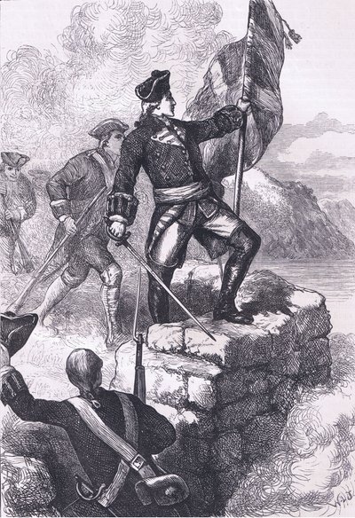 Washington plantant le drapeau britannique au Fort Duquesne, illustration tirée de Cassells History of the United States publiée par Cassell, Petter & Galpin, vers 1900 (lithographie) - American English school