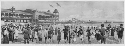 Scène de baignade un dimanche matin sur la plage de Coney Island, montrant le nouveau débarcadère en fer des bateaux à vapeur en fer - American Photographer