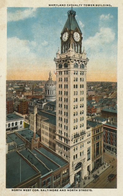 Baltimore, MA : Maryland Casualty Tower Building, angle nord-ouest des rues Baltimore et North (photo couleur) - American Photographer