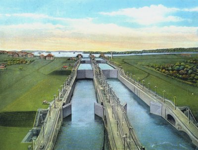 Vue aérienne des écluses de Gatun, montrant tous les niveaux d