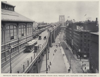 Pont de Brooklyn depuis le côté de New York, montrant la route des wagons, la ligne de tramway, les voitures surélevées et la promenade - American Photographer