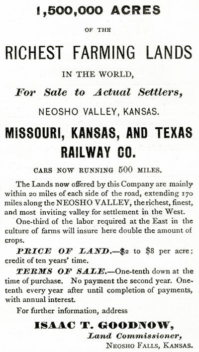 1 500 000 acres des terres agricoles les plus riches du monde, dans la vallée de Neosho, Kansas, publicité de Appletons Journal, 4 mai 1872 - American School
