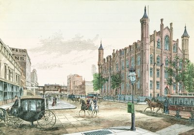 3e Avenue et 23e Rue, station de chemin de fer surélevée et le Collège de la ville de New York, de 36 vues de New York et des environs, publié par Charles Magnus - American School