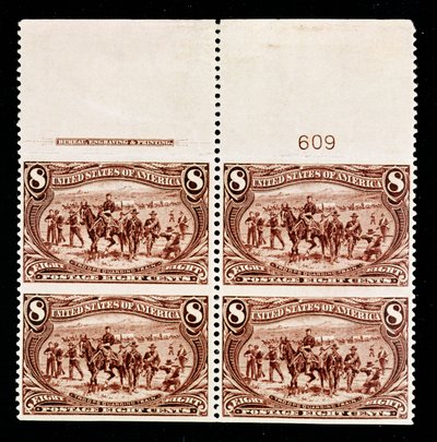 Troupes gardant un convoi de wagons de 8 cents, bloc de quatre - American School