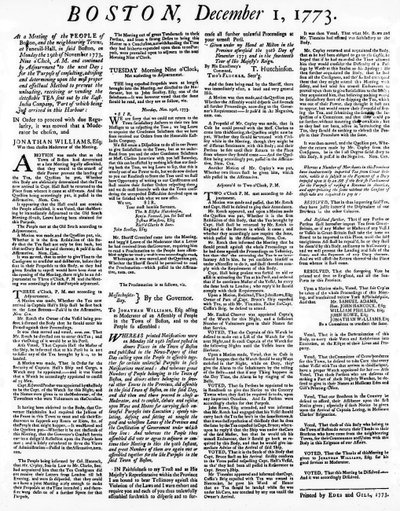 Journal détaillant les événements de la Boston Tea Party, décembre 1773 - American School