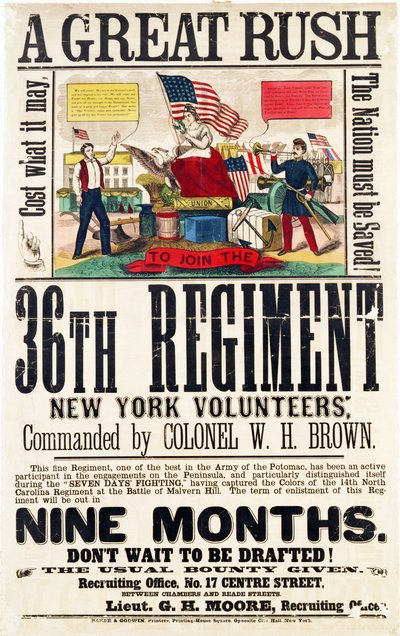 Une grande ruée, affiche de recrutement pour le 36e Régiment, publié par Baker & Goodwin - American School