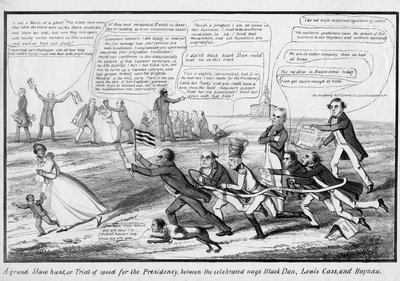 Une grande chasse aux esclaves, ou, Épreuve de vitesse pour la présidence, entre les célèbres chevaux Black Dan, Lewis Cass, et Haynau, publié par T.C., New York, c.1852 - American School