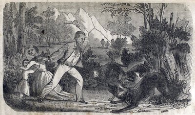 Un homme devant une femme et un enfant repoussant des chiens - American School