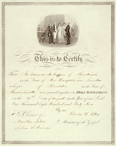 Certificat de mariage de 1849 - American School
