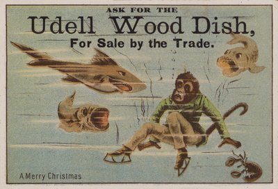 Joyeux Noël, carte de commerce faisant la publicité des plats en bois Udell - American School