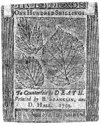Billet de cent shillings imprimé par B. Franklin et D. Hall, 1759 - American School