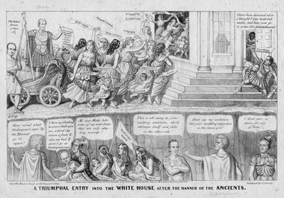 Une entrée triomphale à la Maison Blanche à la manière des Anciens, publié par A Donnelly, New York, 1844 - American School