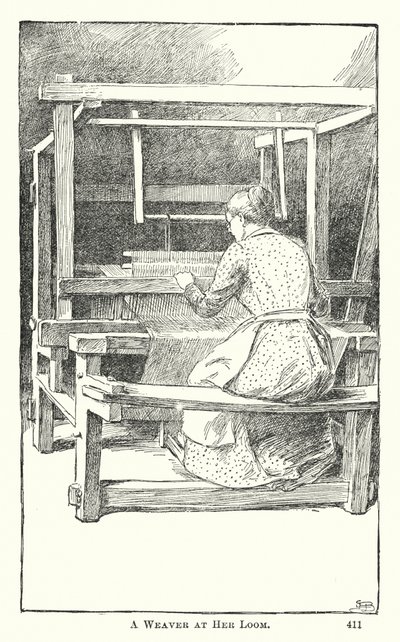Une tisserande à son métier (gravure) - American School