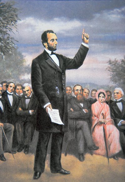 Abraham Lincoln (1809-65) prononçant le discours de Gettysburg à Gettysburg, Pennsylvanie, novembre 1863 - American School