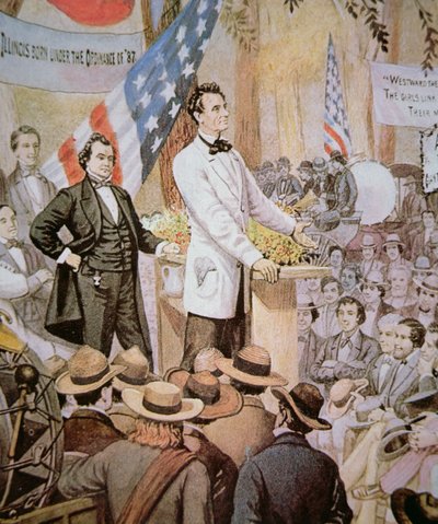 Abraham Lincoln (1809-65) en débat public avec Stephen A. Douglas (1813-61) en Illinois - American School
