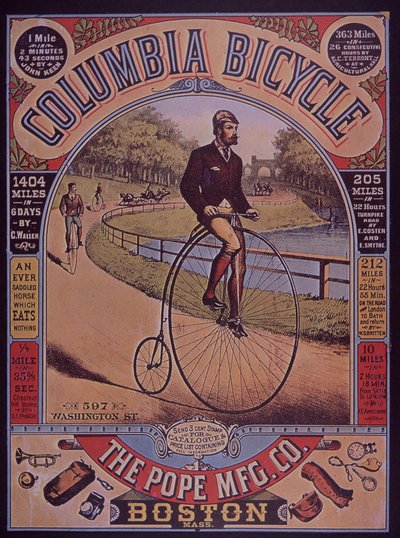 Publicité pour le vélo Columbia Penny-Farthing, Boston, USA - American School