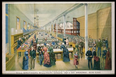 Publicité pour les articles de chapellerie Hill Bros. avec une vue intérieure de la salle de vente principale - American School