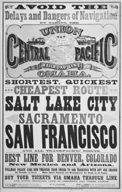 Publicité pour la ligne de chemin de fer Union et Central Pacific, vers 1870 - American School