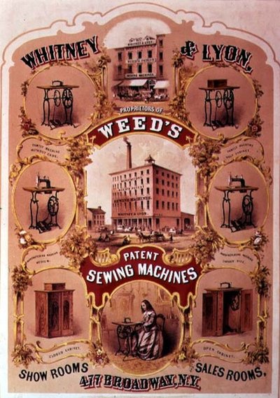 Publicité pour Whitney & Lyon, propriétaires des machines à coudre brevetées Weed, New York - American School