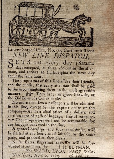 Publicité pour le New Line Dispatch, du New York Journal & Patriotic Register, 6 avril 1793 - American School