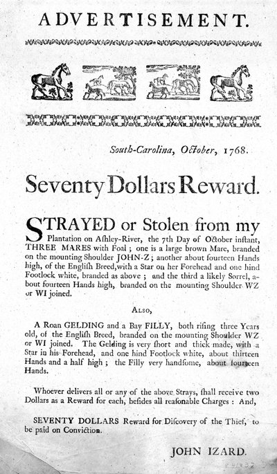 Annonce offrant une récompense de soixante-dix dollars pour la récupération de chevaux égarés (ou volés) et la capture du voleur, affichée en Caroline du Sud, 1768 - American School