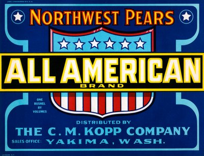Étiquette de caisse de fruits All American Brand, vers 1920 - American School