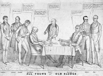 All Fours ou Old Sludge, caricature politique représentant le président Martin Van Buren (1782-1862) jouant aux cartes contre William Henry Harrison (1773-1841) parmi d