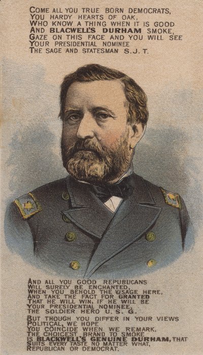 Soldat et homme politique américain Ulysses S. Grant, carte de commerce faisant la publicité du tabac Blackwell Durham Bull, années 1870 - American School