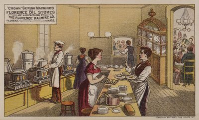 Carte de commerce américaine faisant la publicité des machines à coudre et des poêles à huile fabriqués par la Florence Machine Company, Massachusetts - American School